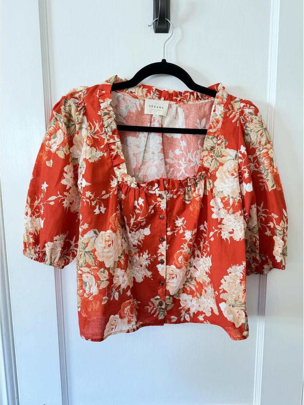 Sezane Red Floral Ruffle Blouse Size 36